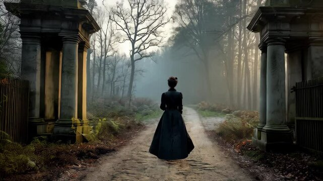 Woman in long black dress walking along a forest path toward misty trees and gate entrance on a foggy day, rear view.