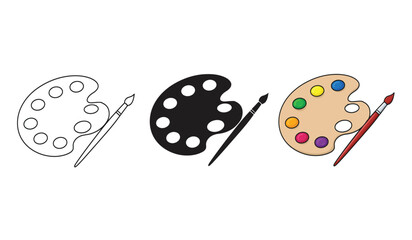 Color Paint brush icon, silhouette, symbol set. Paintbrush and palette icon, vector set. Simple art brush and palette for social media, app, logo and web design. Vector illustration.
