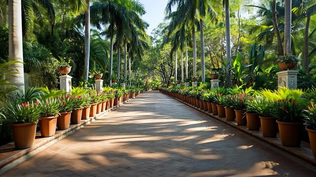 Tropical garden path with palm trees and potted plants in symmetrical rows