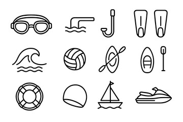Water sports icons: swimming, surfing, kayaking, snorkeling, sailing equipment