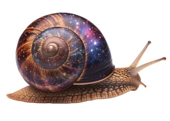 Snail shell with galactic space design against black background surreal artistic concept