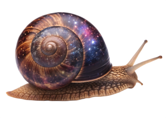 Snail shell with galactic space design against black background surreal artistic concept