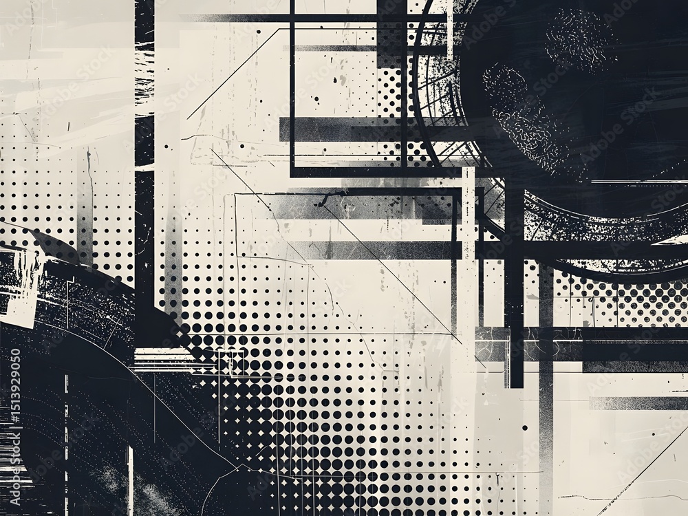 Poster abstract black and white composition with geometric shapes and halftone patterns