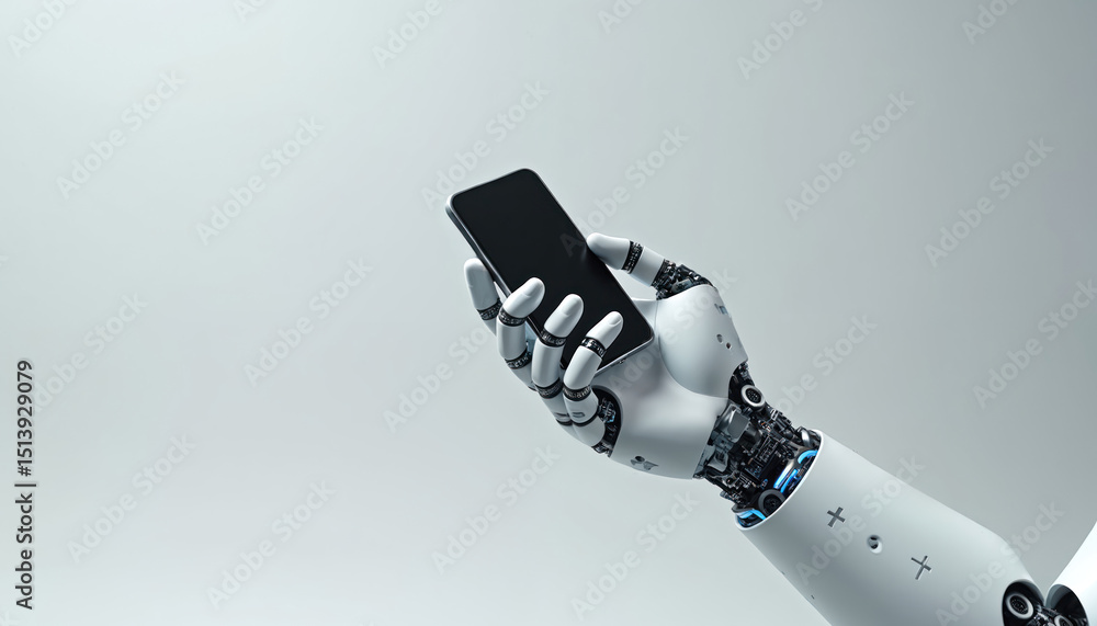 Poster white robot hand holds smartphone with blank screen. artificial intelligence tech, human robot inter