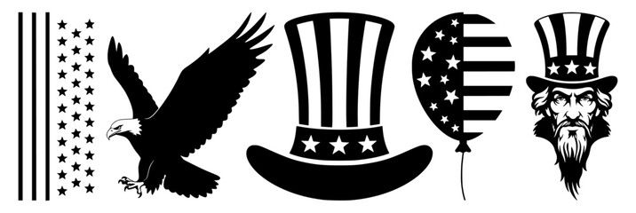 Black patriotic american symbols set with eagle uncle sam hat flag balloon and bearded man silhouette icons isolated on white background