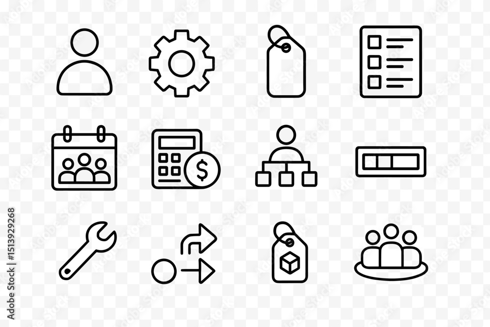Aufkleber collection of business and workflow icons on transparent background