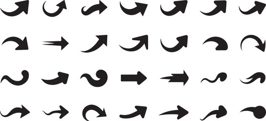 Set of various black arrow designs in different directions and shapes for navigation