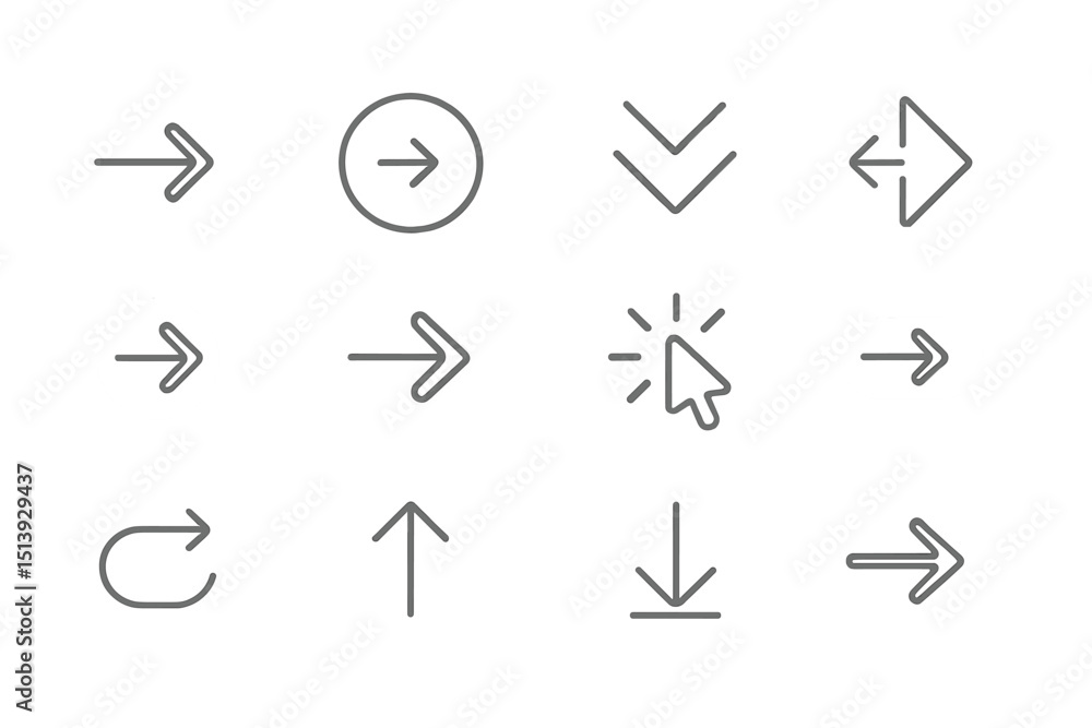 Poster set of arrow icons with click cursor on metallic gradient background