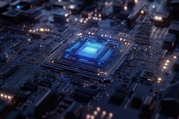 Fototapeta premium Futuristic glowing microchip on motherboard with neon blue cyber lights