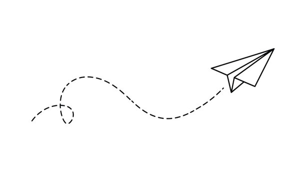 Paper plane with dotted line travel and route symbol in line style, Origami paper airplane, Black linear paper plane icon.