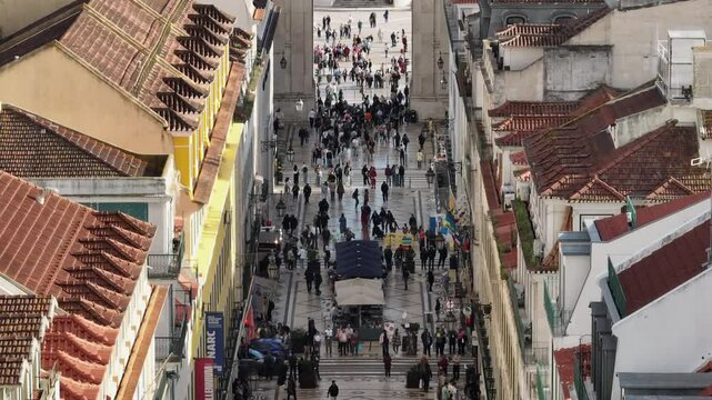 Aerial view of Lisbon downtown at Evening Time. Arco da Dua Augusta - the main pedestrian Street near Praca do Comercio