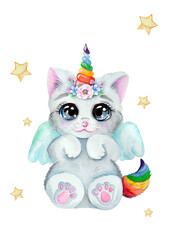 Watercolor Illustration of Cute Cat Unicorn with Rainbow Wings, Pastel Colors, Fantasy Kids Character for Nursery Decor