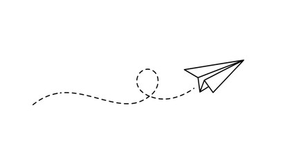 Paper plane with dotted line travel and route symbol in line style, Origami paper airplane, Black linear paper plane icon.