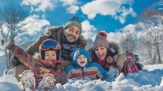 Happy family playing in snow. The family is smiling and wearing winter clothing. The children are laughing and playing in the snow. The sky is blue with clouds. Family enjoying winter