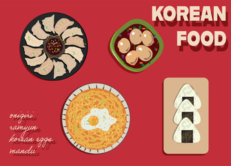 asian korean traditional food on the table top view with dumpling, onigiri, ramyun, korean eggs . Advertising, banner, card design