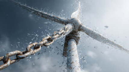 Broken wind turbine with rusty chains