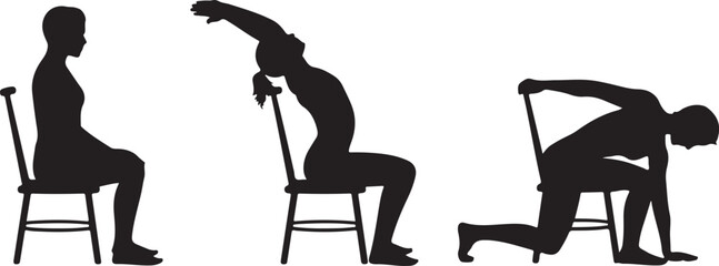 Silhouette of a person stretching and exercising in different poses on a chair