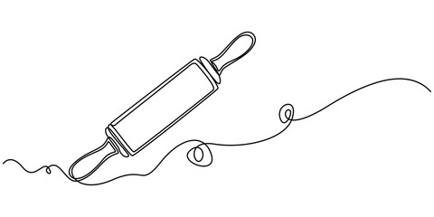 Continuous one line drawing of bakery rolling pin. Rolling pin rolling out dough pin bakery in single line draw illustration. Editable stroke, Rolling pin kitchen utensils one line continuous drawing.