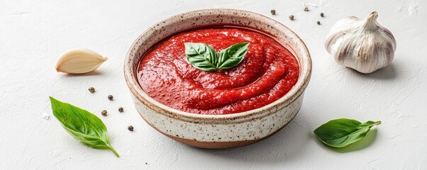 Bowl of tomato sauce garnished with basil leaves, surrounded by garlic, peppercorns, and fresh basil on a white background.