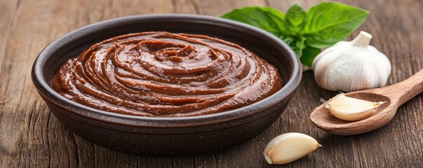 A bowl of thick brown sauce with garlic cloves and basil on a wooden table.