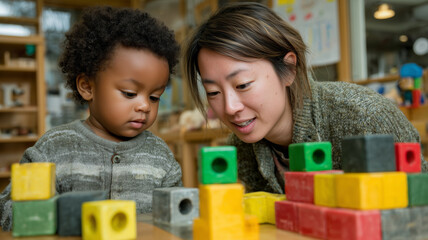 Colorful blocks inspire creativity in a playful environment with a delighted toddler and a caring adult