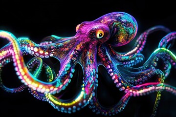 Obraz premium Futuristic glowing neon octopus with colorful tentacles in fantasy ocean artwork