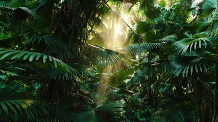 Sunlight filtering through lush tropical jungle canopy creating vivid green atmosphere nature exploration concept - Powered by Adobe