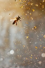 A bee in flight, captured in a magical moment amidst droplets of golden liquid, suspended in a sparkling and dreamy golden atmosphere.