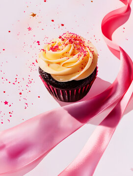 A cupcake with pink frosting, sprinkles, and a red ribbon