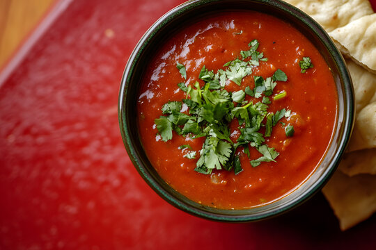 Red tomato soup with fresh basil in a white bowl