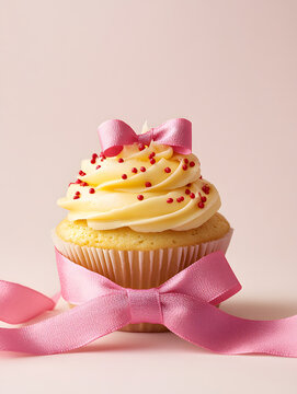 Birthday cupcake with pink frosting and candle in a party setting