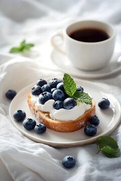 Waffles topped with fresh blueberries and mint on a plate