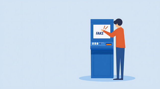 A man uses a fake ATM machine that displays the word "FAKE" on the screen. Cartoon style, isolated on a blue background. Be aware of scams.