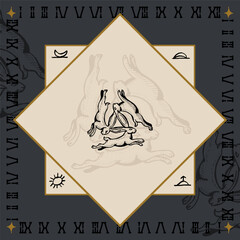 three rabbits hares alchemical symbol design engraving vector illustration in vintage old medieval style