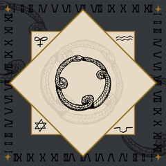 ouroboros snake eat tail ancient alchemical symbol design engraving vector illustration in vintage old medieval style