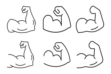 Muscle icon. Bicep symbol. Strong arm vector illustration. Gym logo. Bodybuilding fitness concept. Muscle liner icon vector set. Muscles icon set, strong arm of an athlete, Linear Hand icons, biceps. 