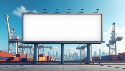 Obraz premium Empty billboard in port city. Huge advertising space for advertisement layout, promotional messages. Modern urban landscape with cranes, shipping containers. Commercial real estate, marketing,