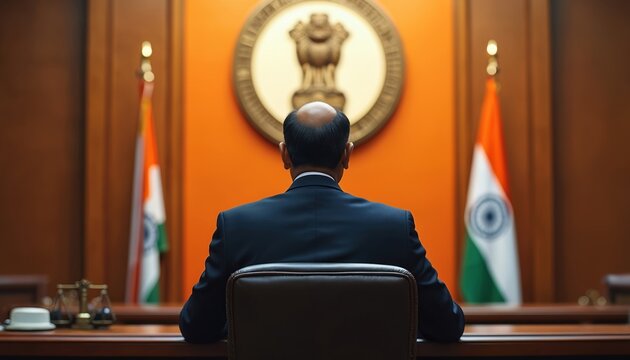 Indian judge seated courtroom. National emblem background, India flag on sides. Judiciary upholding law order within India jurisdiction. Legal system concept justice, fairness in court of law.