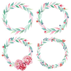 Wreaths with Pink and Green Pastel Flowers Watercolor Decorative Spring Set Illustration  