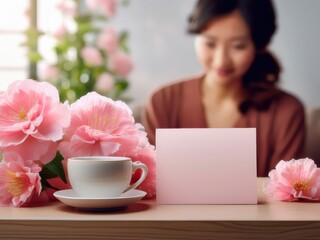 a white card with a woman in background