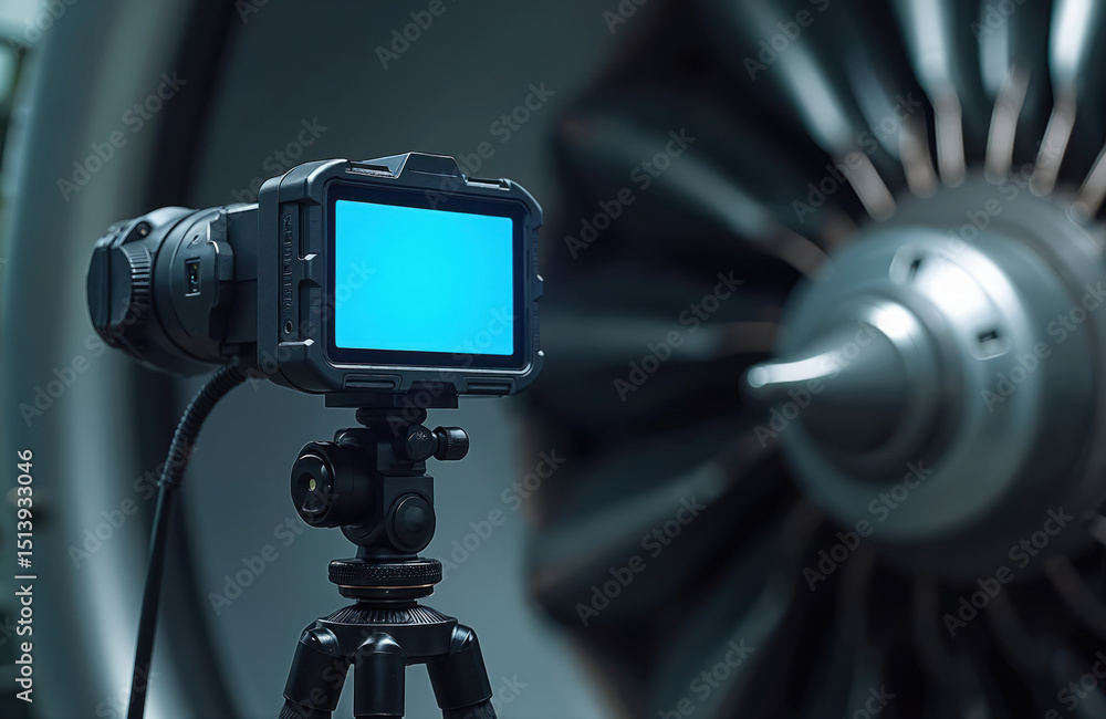 Poster borescope camera on tripod inspecting jet engine turbine. engineering tech tool used for engine repa