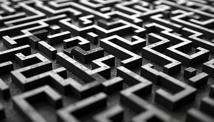 Intricate 3D maze with complex pathway design. Black and white artwork symbolizing challenges and solutions. Concept of puzzle, decisions, solutions in business, education.