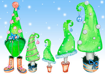 Cartoon Christmas Trees in Green Snowy Landscape Playful Winter Scene Illustration  