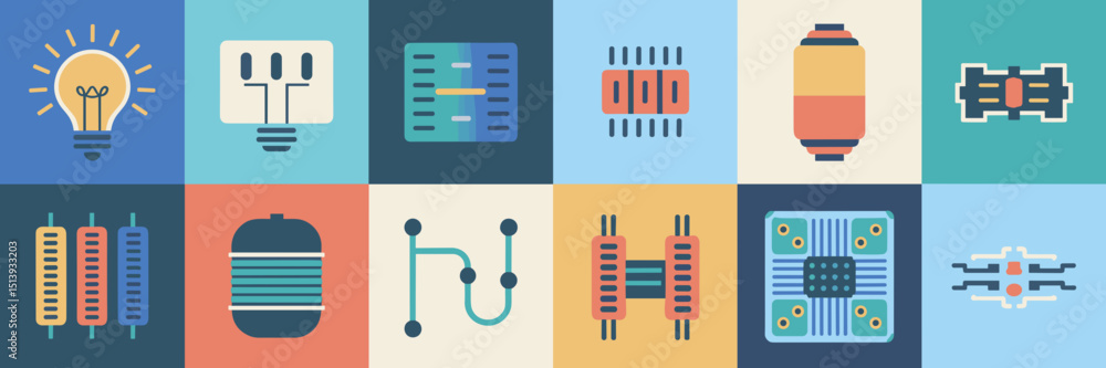 Poster flat style vector icon set of electronic circuit components on blue grid – perfect for tech tutorial