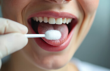 Naklejka premium Person mouth with open tongue. Doctor using cotton swab for oral cavity checkup. Medical examination of teeth, throat. Healthcare, medical treatment, diagnostics. Close up, healthcare concept.