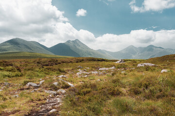 Grassy landscape with scattered rocks in the foreground and mountains in the background under a cloudy sky. Located at Strickeen in County Kerry, Ireland.