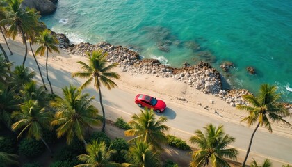 Aerial view of red car driving along coastal road near ocean, palm trees. Tropical paradise, vacation road trip. Turquoise sea, sandy beach, scenic summer adventure exploration.