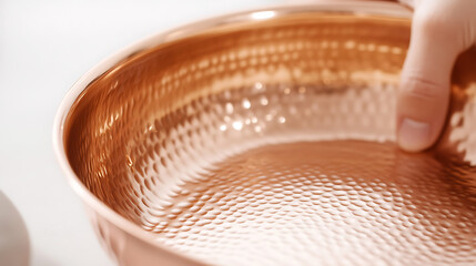 Close-up of a copper bowl with a textured surface. A finger touches the edge. Warm lighting highlights the metal's luster. Elegant and inviting.