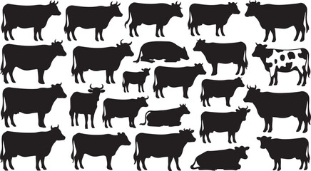 Vector illustration featuring a collection of silhouetted cows in various poses on a white background © MdMezbahul