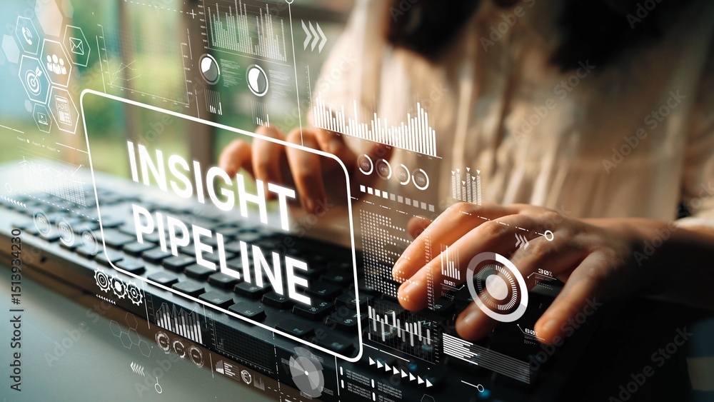 Poster insight pipeline concept with data visualization overlay on keyboard and hands in a modern office se
